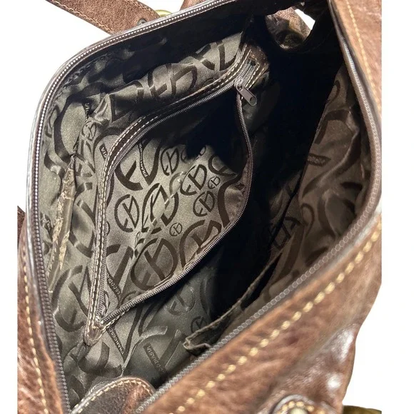 Francesco Biasia Leather Handbag Weathered Chocolate Brown Brass Hardware